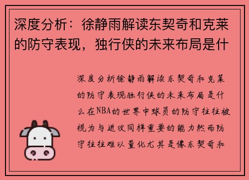 深度分析：徐静雨解读东契奇和克莱的防守表现，独行侠的未来布局是什么？