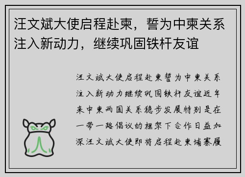 汪文斌大使启程赴柬，誓为中柬关系注入新动力，继续巩固铁杆友谊