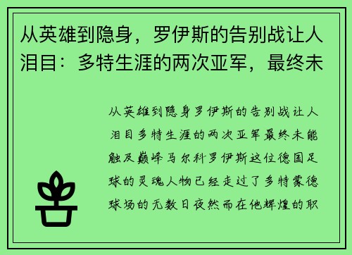 从英雄到隐身，罗伊斯的告别战让人泪目：多特生涯的两次亚军，最终未能触及巅峰