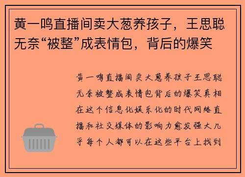 黄一鸣直播间卖大葱养孩子，王思聪无奈“被整”成表情包，背后的爆笑真相